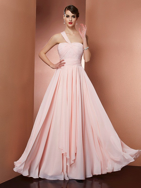 Vestidos largos de gasa con pliegues, sin mangas, de corte A/princesa y un solo hombro